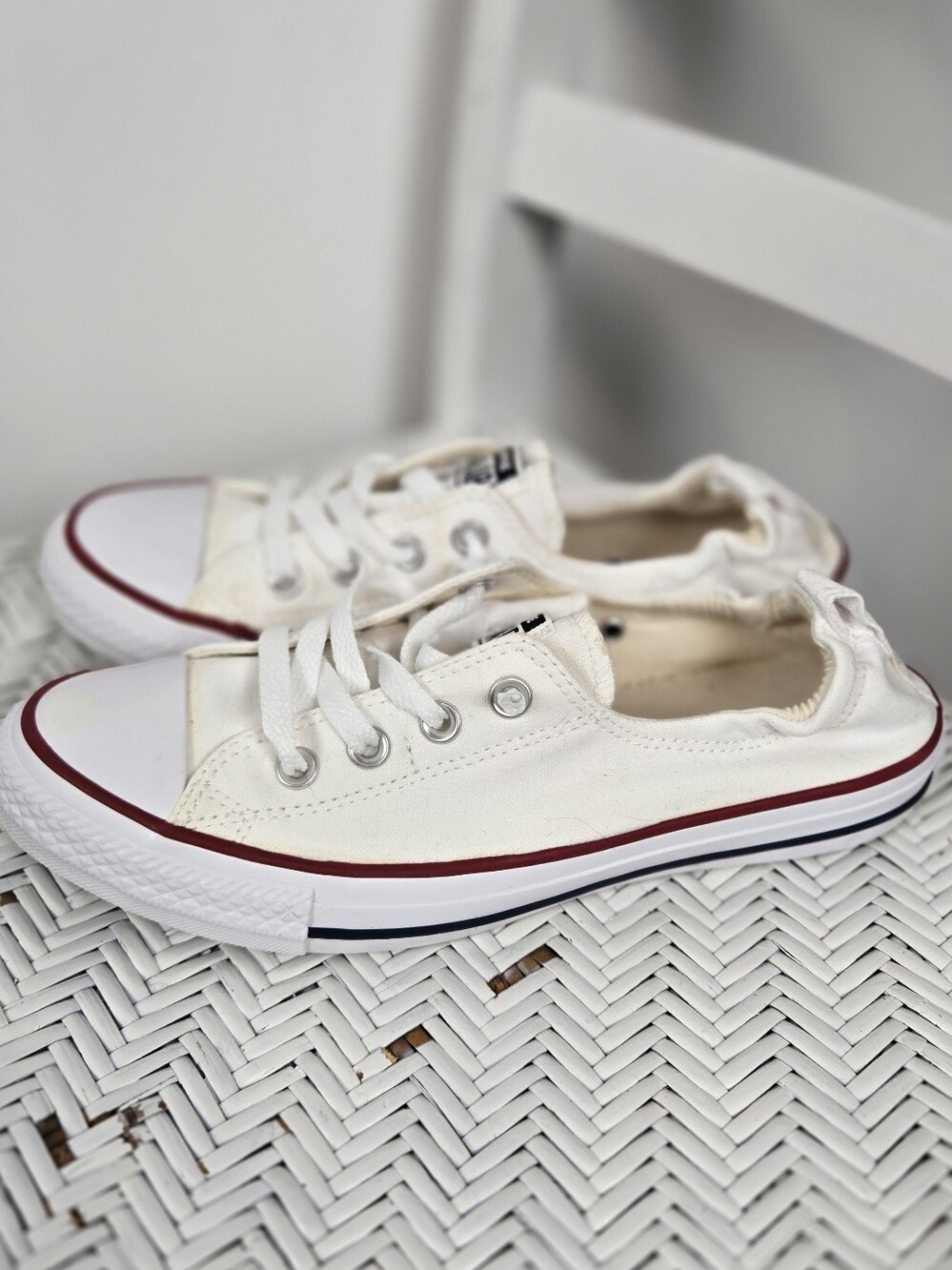Converse White Canvas Low-Top Sneakers with Red Trim